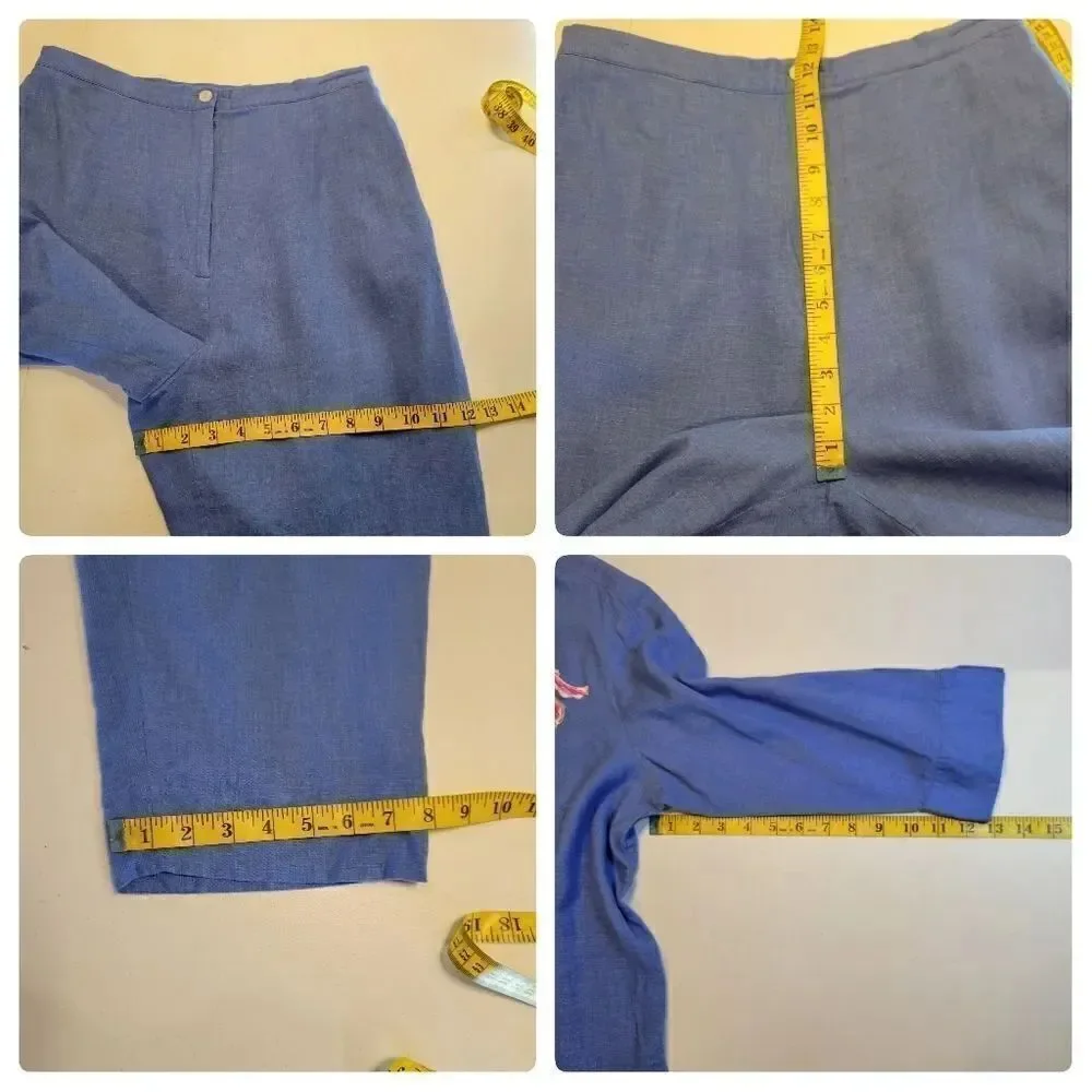 Bob Mackie Linen Blend Vintage Blue Embroidered Top and Matching Cropped Pants